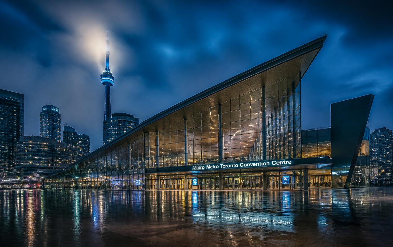 Metro Toronto Convention Centre at blue hour, host venue of Canada Crypto Tax Summit 2026